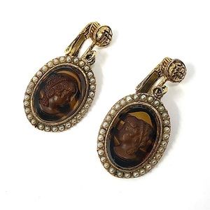 Vintage glass cameo drop / dangle clip earrings in antiqued gold plate setting